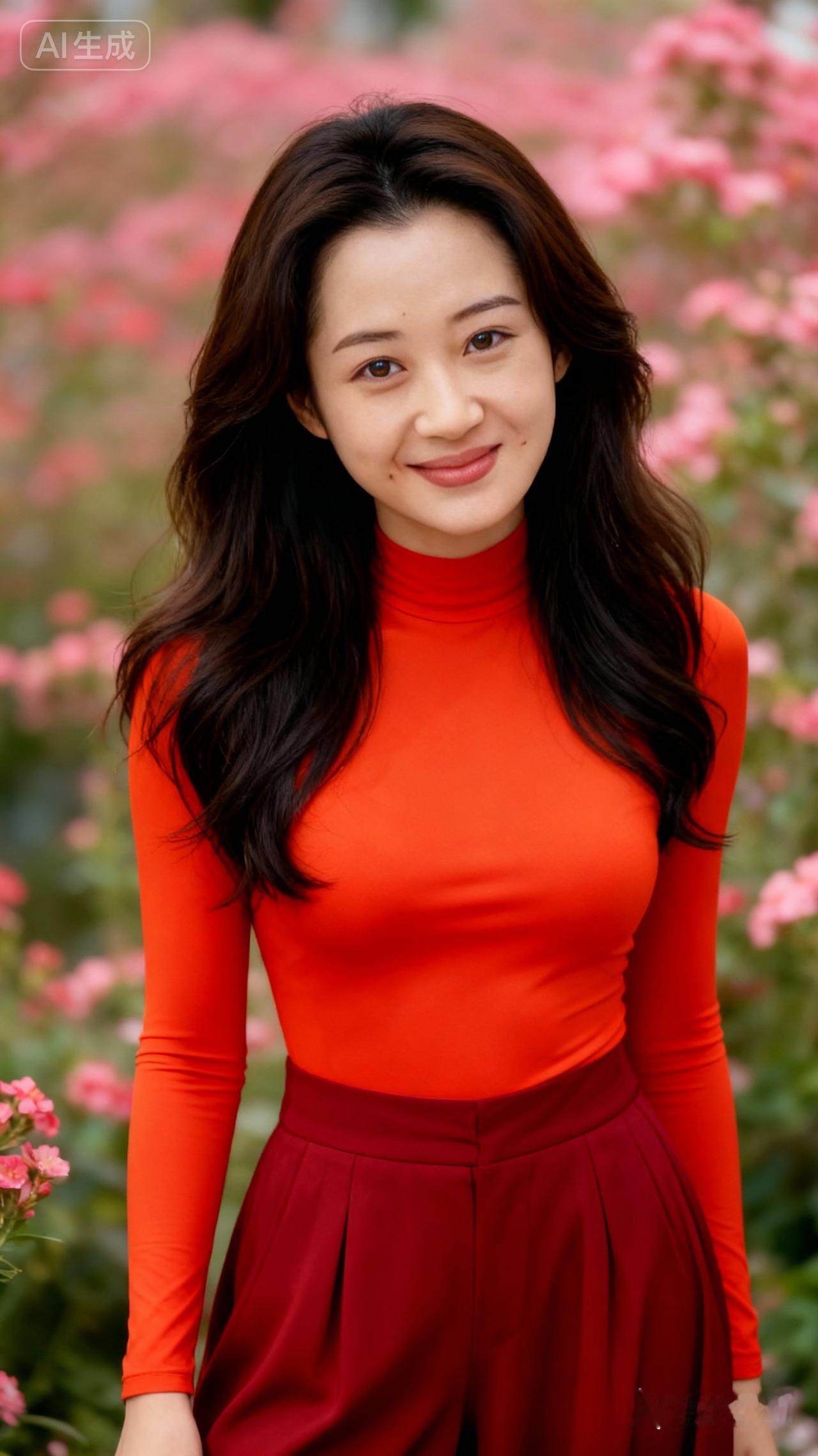 红衣美人笑，花海映芳容。