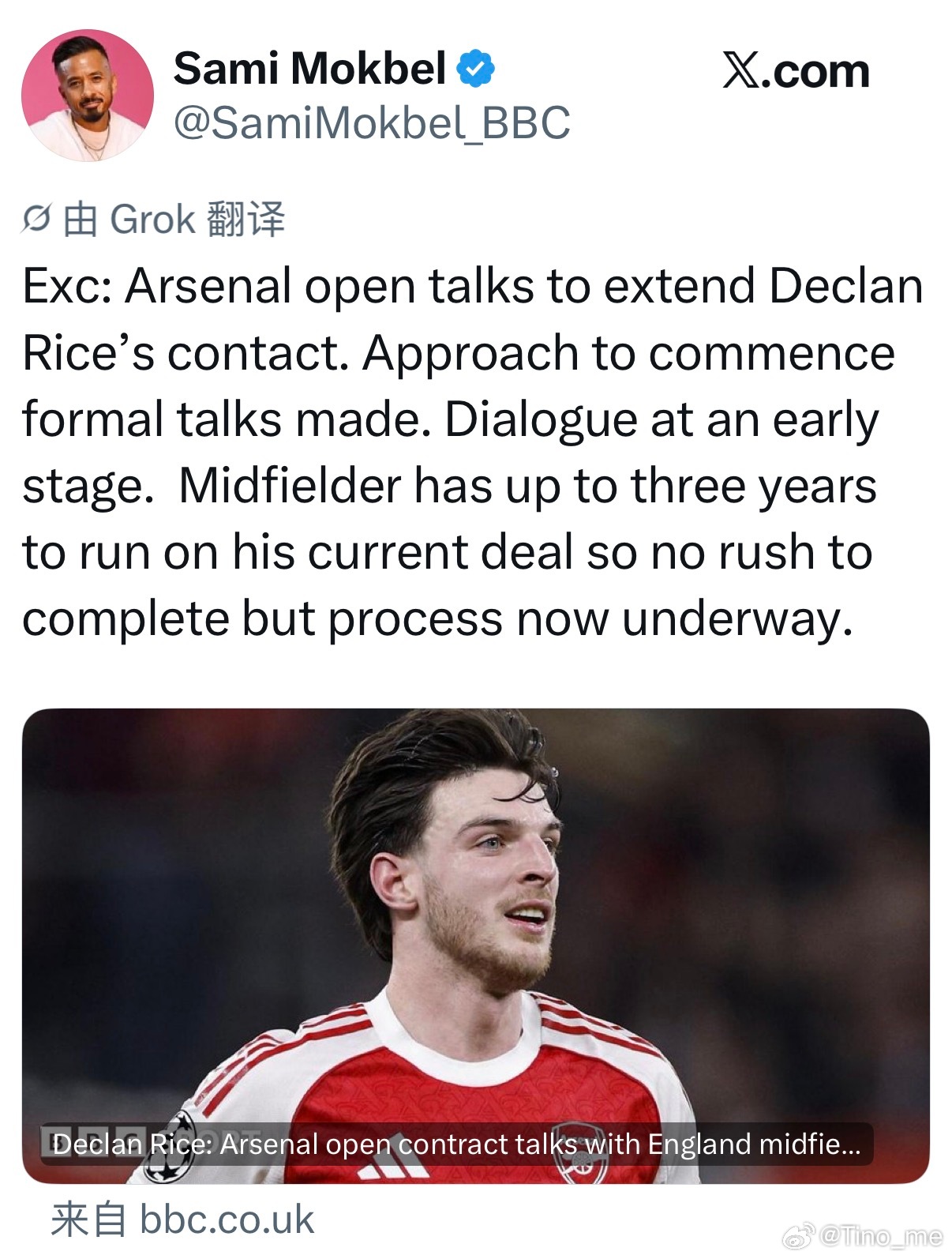 SamiMokbel：阿森纳和赖斯开启续约谈判。谈判处于早期阶段，赖斯当前合同还