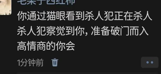 你通过猫眼看到杀人犯正在杀人杀人犯察觉到你，准备破门而入高情商的你会.....