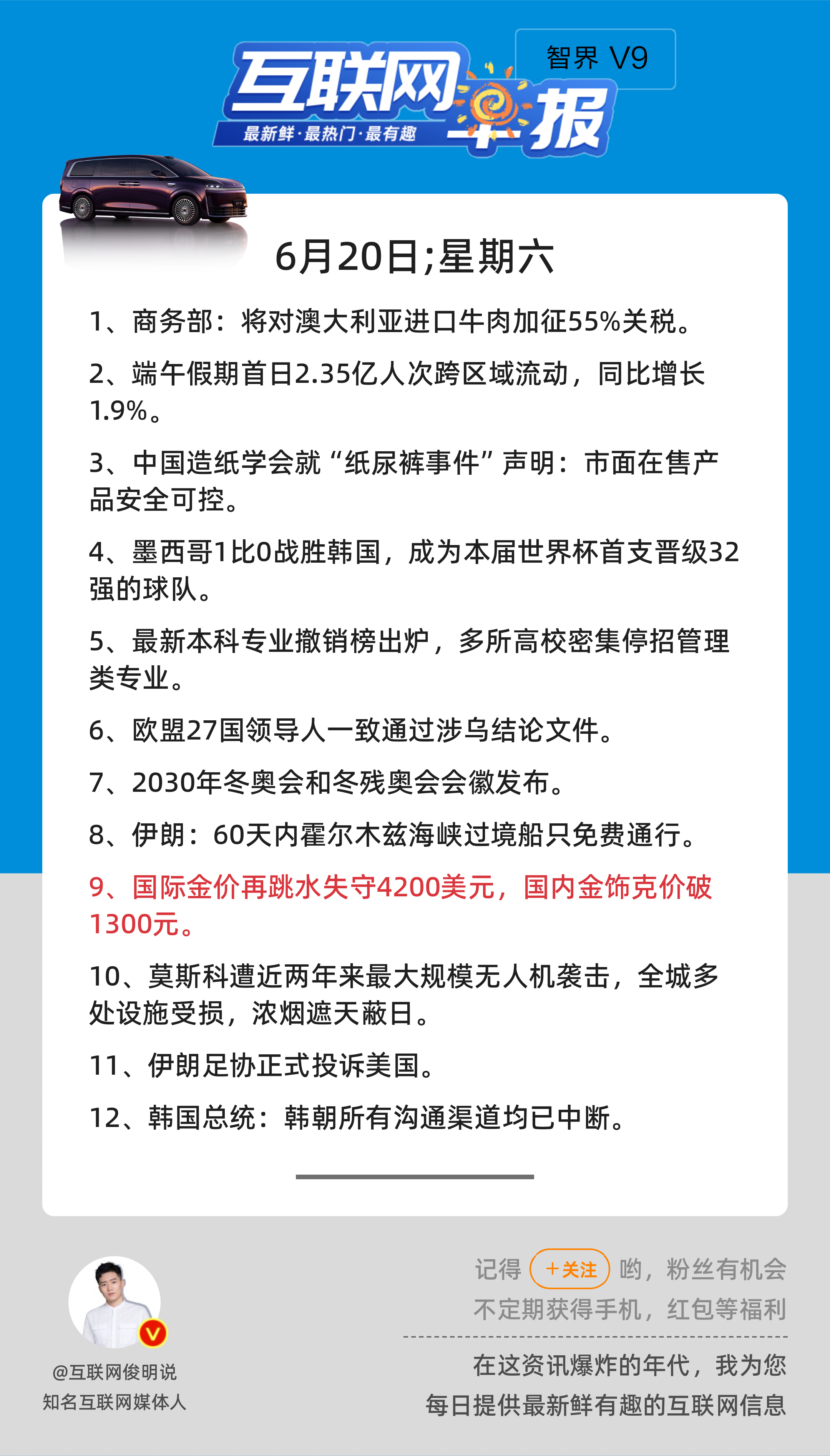 6月20日，星期六，《第3175期》；互联网早报，众览天下事关心第9条：国际金价