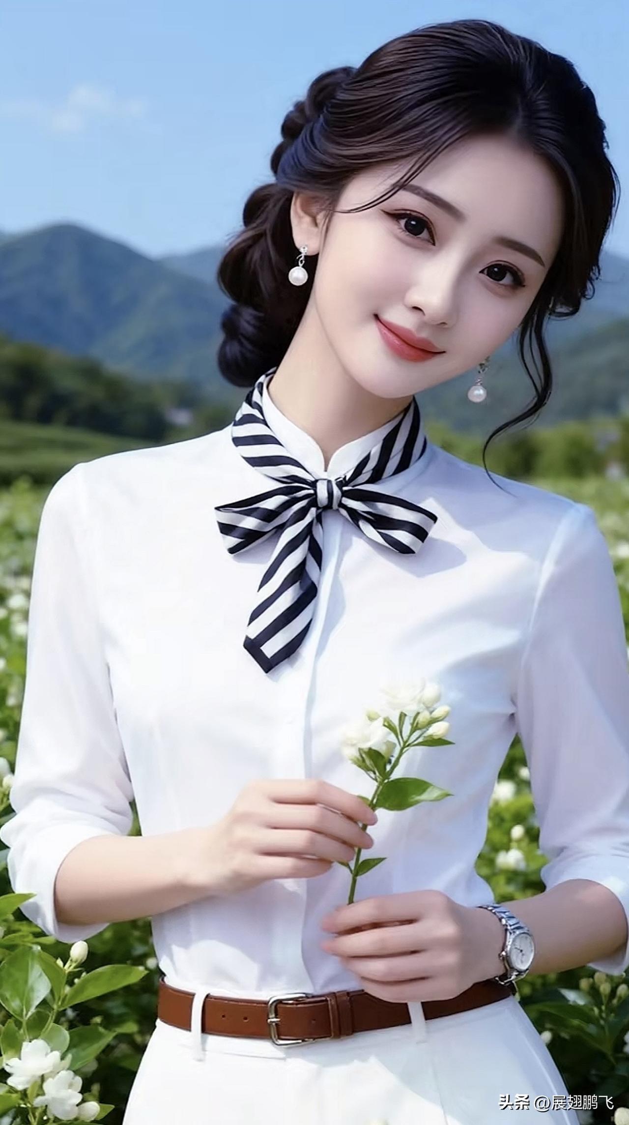 清新校园风，白衬衫+黑领带，手捧小花，元气少女🌸💕黑裙白衬衫穿搭 气质感白衬