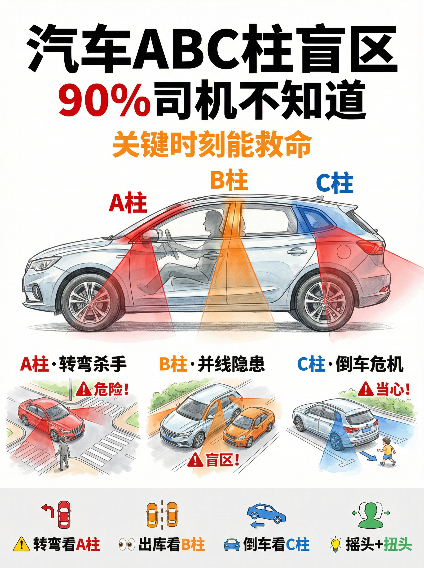 记住ABC盲区，开车少刮蹭。A柱在前挡两侧，转弯最挡视线，要前后晃头多观察；B柱