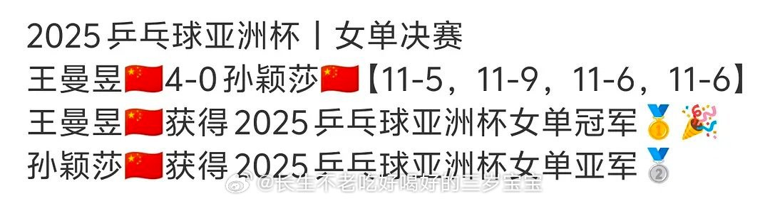 王楚钦亚洲杯金牌 🏓 恭喜王曼昱4：0成功拿下亚洲杯女单冠军！恭喜王曼昱在一片