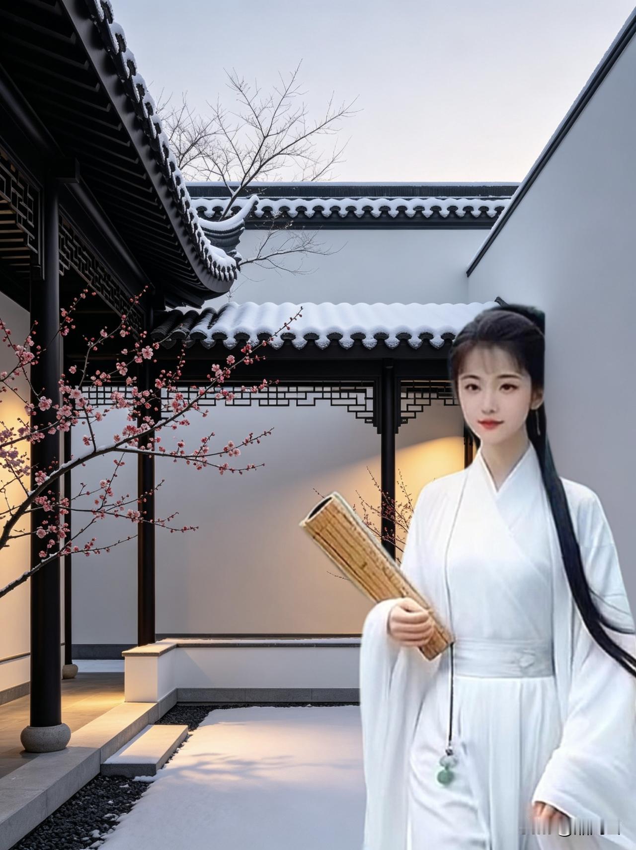转角逢梅，余香袅袅争春杪；
回廊听雪，素影依依入晚屏。
冬庭梅韵寄闲情梅落忆来时