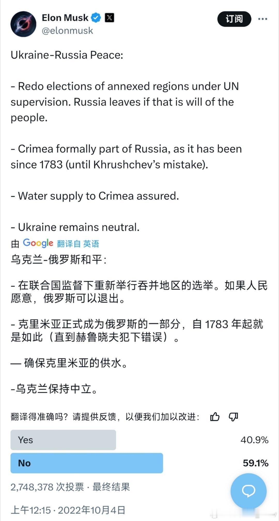 马斯克翻出2年多前的投票帖子表示:  他2年多前就说过，乌克兰应该寻求和平，否则
