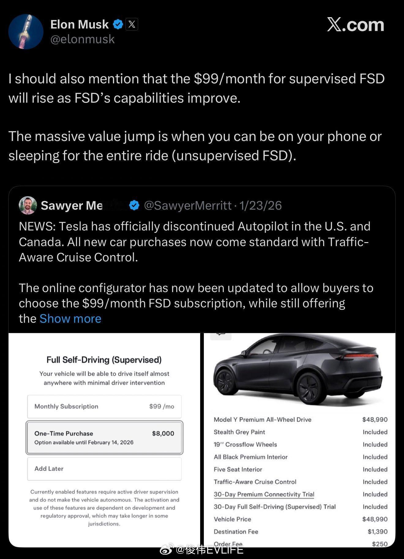 特斯拉FSD进入订阅制时代，取消 8000 美元一次性买断，现在每月99美刀订阅