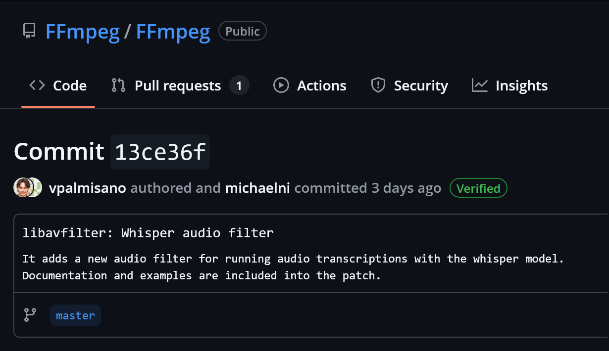 Whisper.cpp要被集成到FFmpeg中了，来实现音频转录为文本。 ​​​
