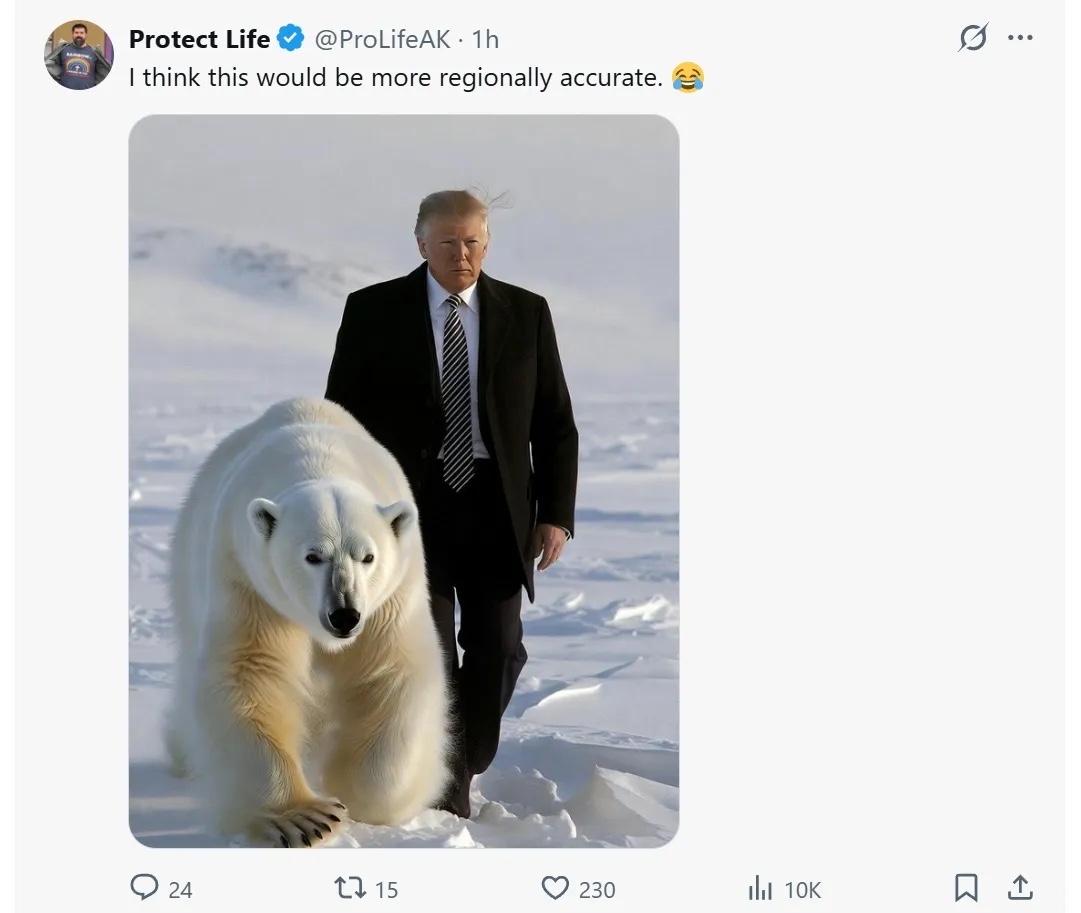 美国白宫为什么不愿意用这张特朗普与格陵兰岛存在的北极熊同行的图片，原因是什么？