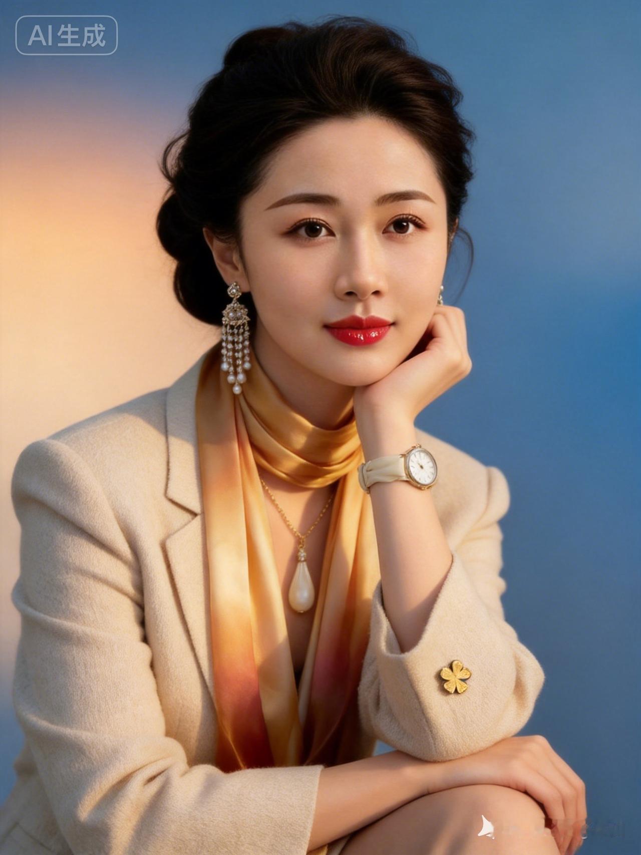 黑棕蓬松盘发女士身着浅杏羊毛西装，搭配暖金渐变丝巾。水红渐变镜面唇妆细腻出彩，珍