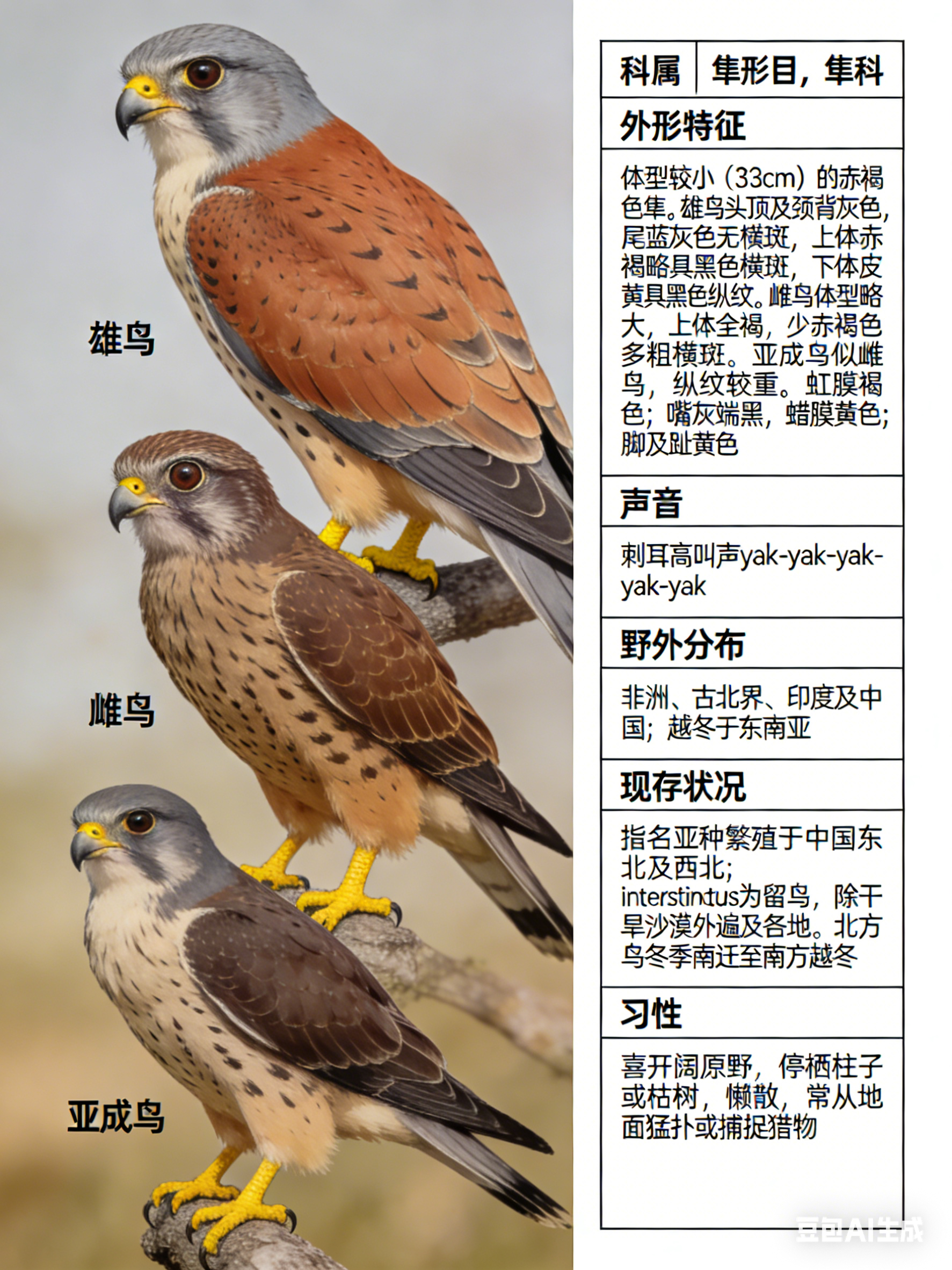 鸟类朋友图鉴 红隼·科属：隼形目，隼科。·外形特征：体型较小（33cm）的赤褐色