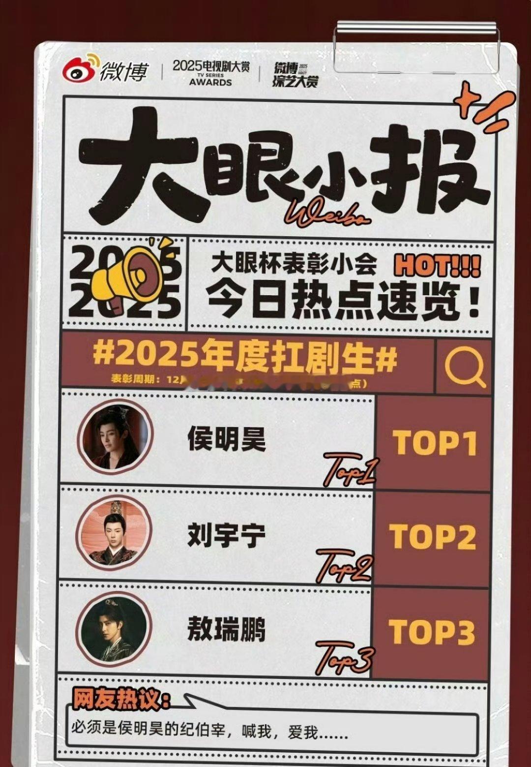 大眼评选的2025年度扛剧生，符合你们体感嘛侯明昊、刘宇宁、敖瑞鹏今年人手一部破