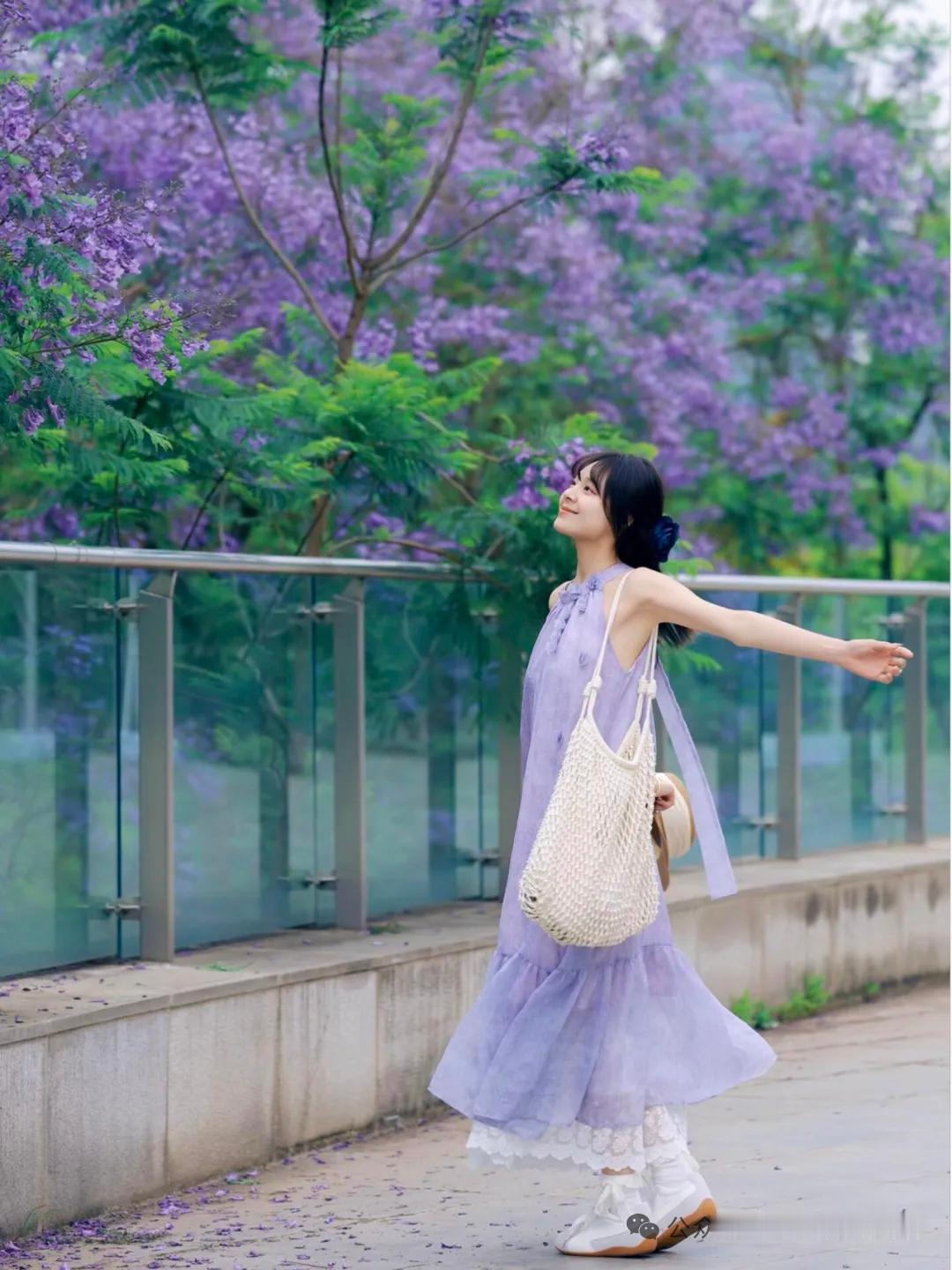 真心话茶局紫花映人影，轻纱拂春风，夏日少女在紫色花海中放飞自我。