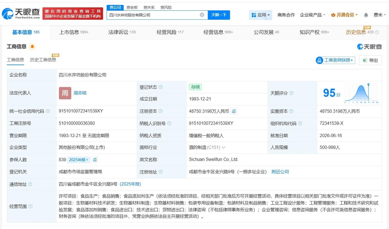 周志铭任水井坊法定代表人
水井坊发生法定代表人变更
天眼查App显示，近日，水井