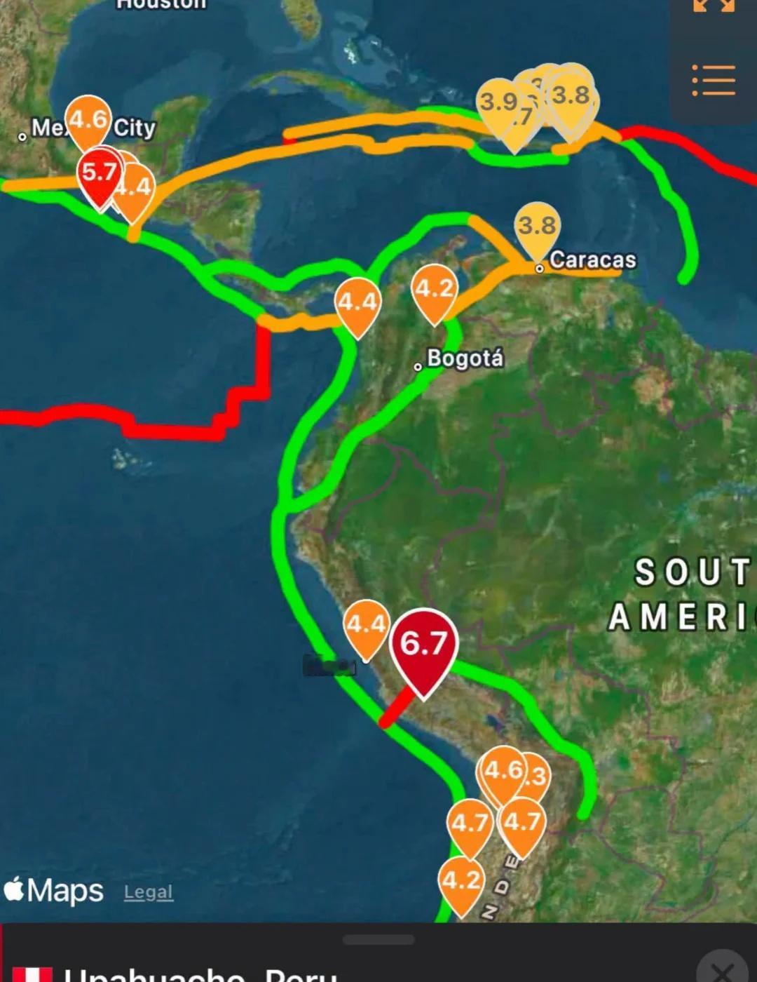 突发地震新闻：6.7级地震进入秘鲁地区，该地震发生在秘鲁-智利海沟，深度约为41