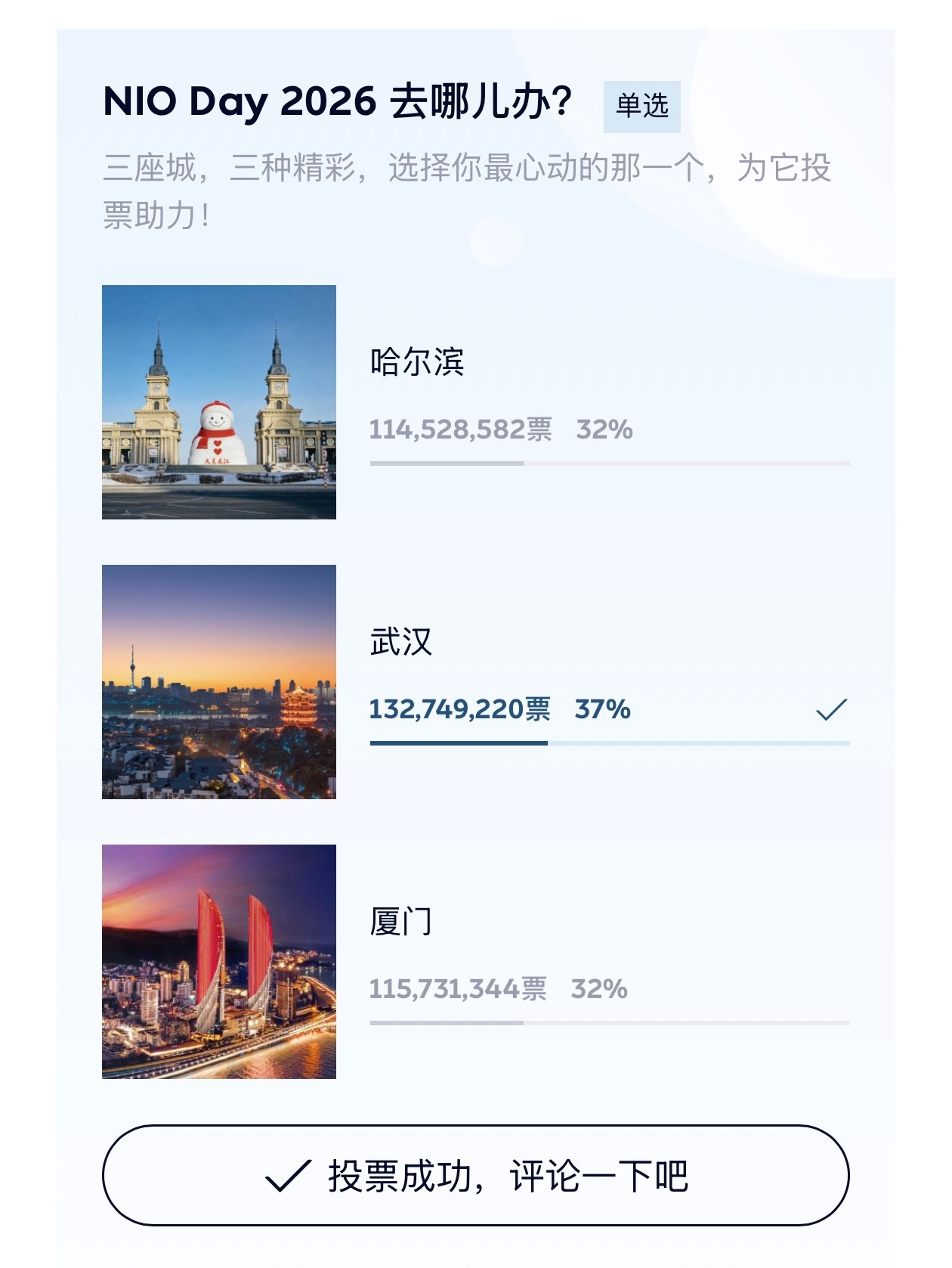每年的 NIO Day 都要投票选一个城市。今年我选的是武汉 完全是因为武汉有一