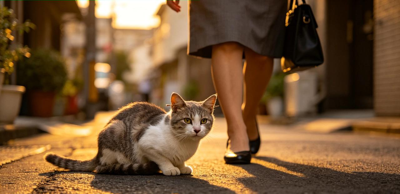 下班路上偶遇一只流浪猫，怯生生又惹人怜爱。