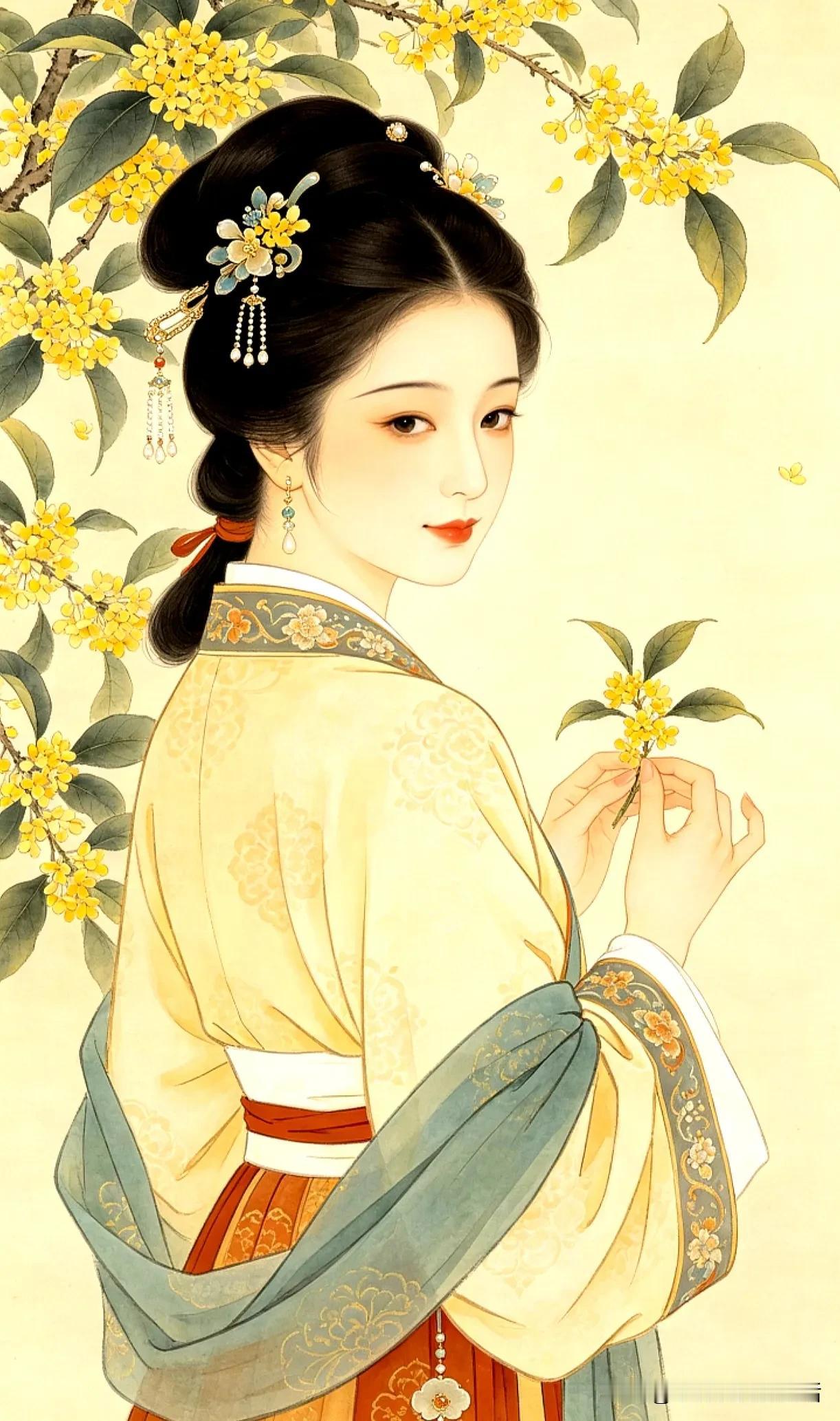 花枝拂面，美人如画。
