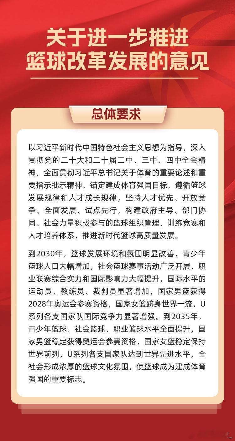 【篮球改革发展意见整理】近日，体育总局印发《关于进一步推进篮球改革发展的意见》的