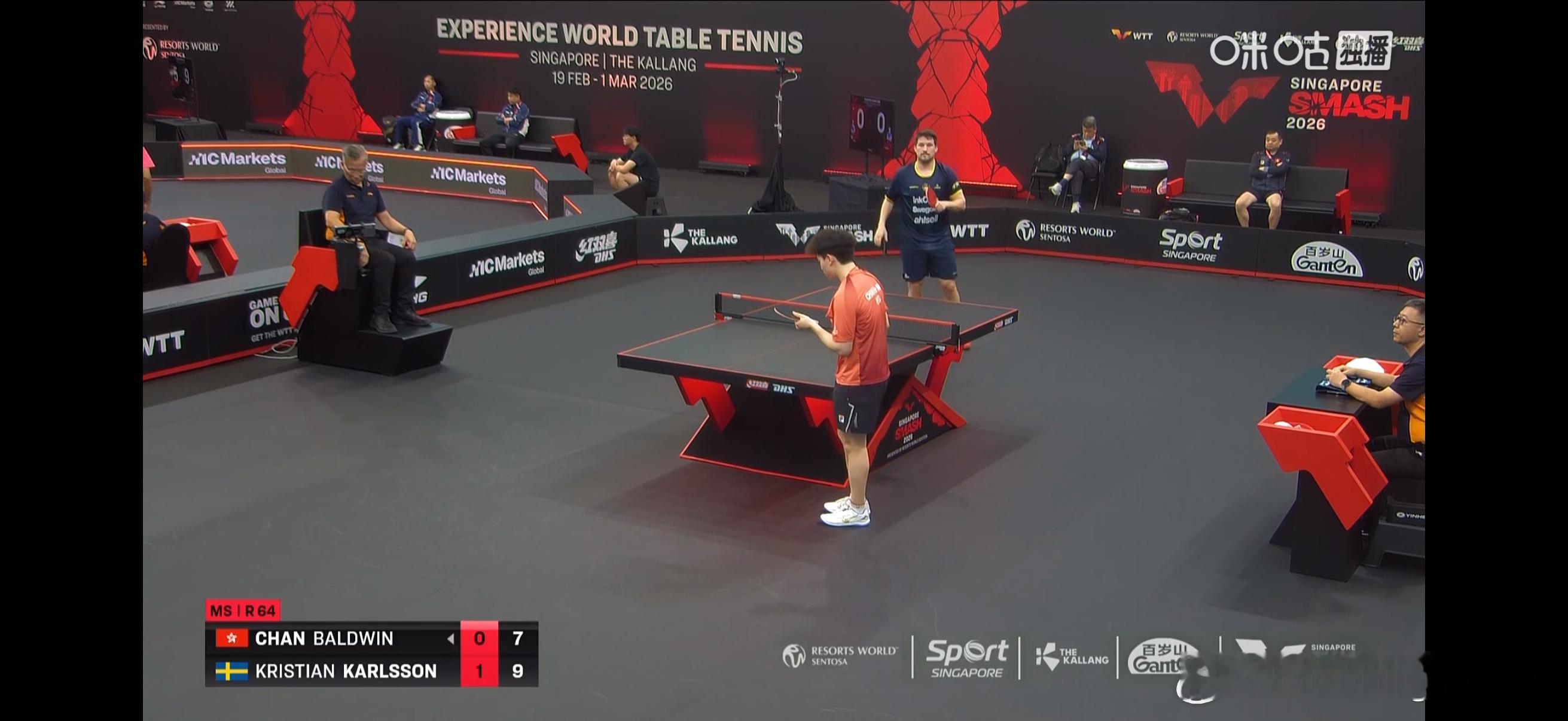 WTT新加坡大满贯2026 男单1/32决赛：🇸🇪克里斯蒂安·卡尔森3比0陈