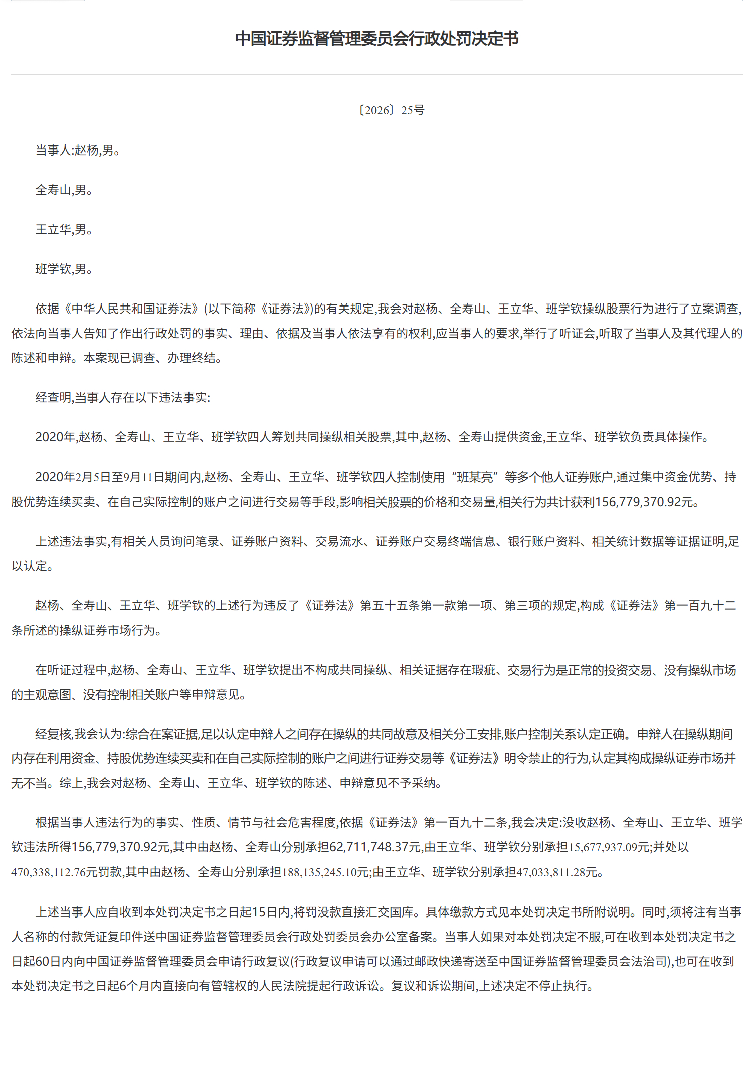 【四人共同操纵股票获利1.57亿 被证监会罚没6.27亿】证监会发布行政处罚决定