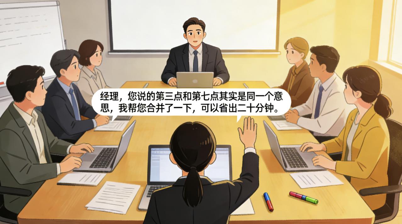 部门每周例会，经理都要讲满两小时，翻来覆去就那几件事。
同事们苦不堪言，但没人敢