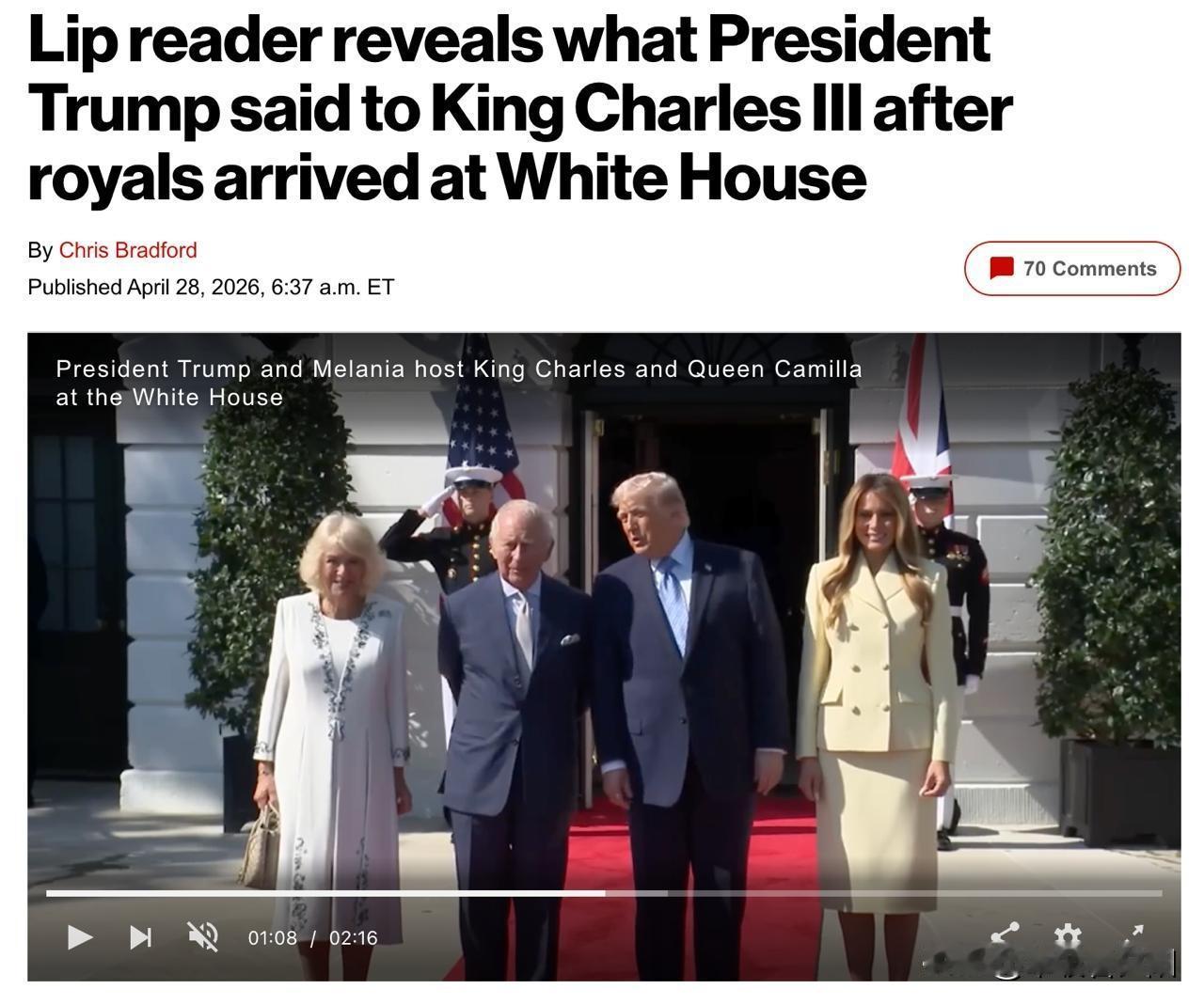 当地时间4月27日，特朗普在白宫迎接英王查尔斯三世。一般人听不见他们在说什么，但