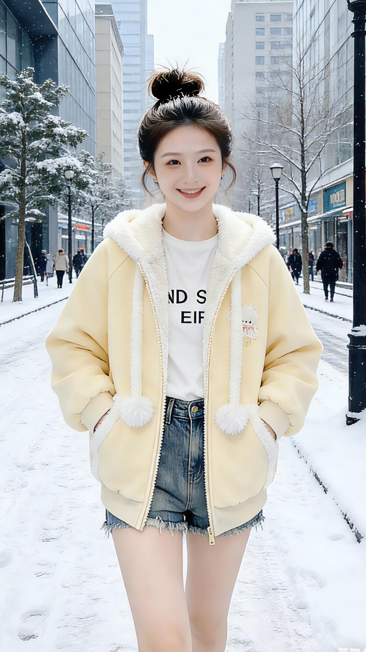 暖黄冬雪
 
雪落满了都市的柏油路，像给冰冷的街面盖上了一层蓬松的糖霜。
 
她