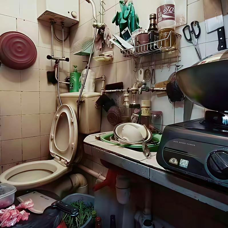 香港的鸽子笼屋子，马桶和厨房合在一起，卫生条件令人担心。