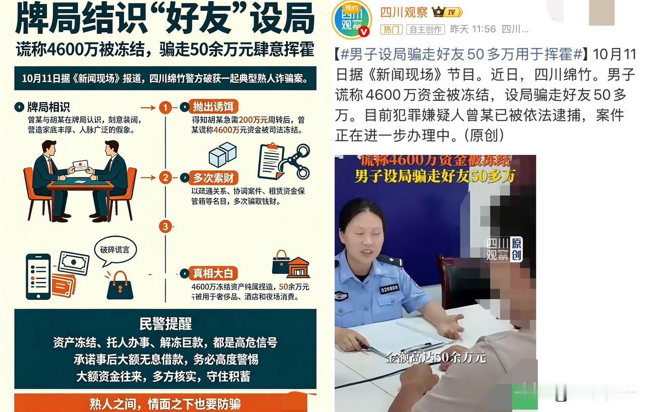 牌局结识“好友”设局，四川绵竹男子谎称4600万被冻结，骗走对方50余万元
 