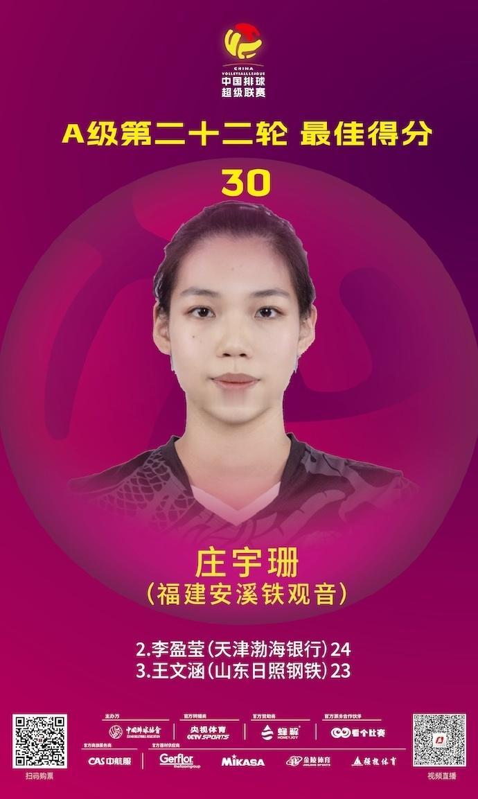 2024-2025中国女排超级联赛A级季后赛第二十二轮得分王👸庄宇珊：30分【