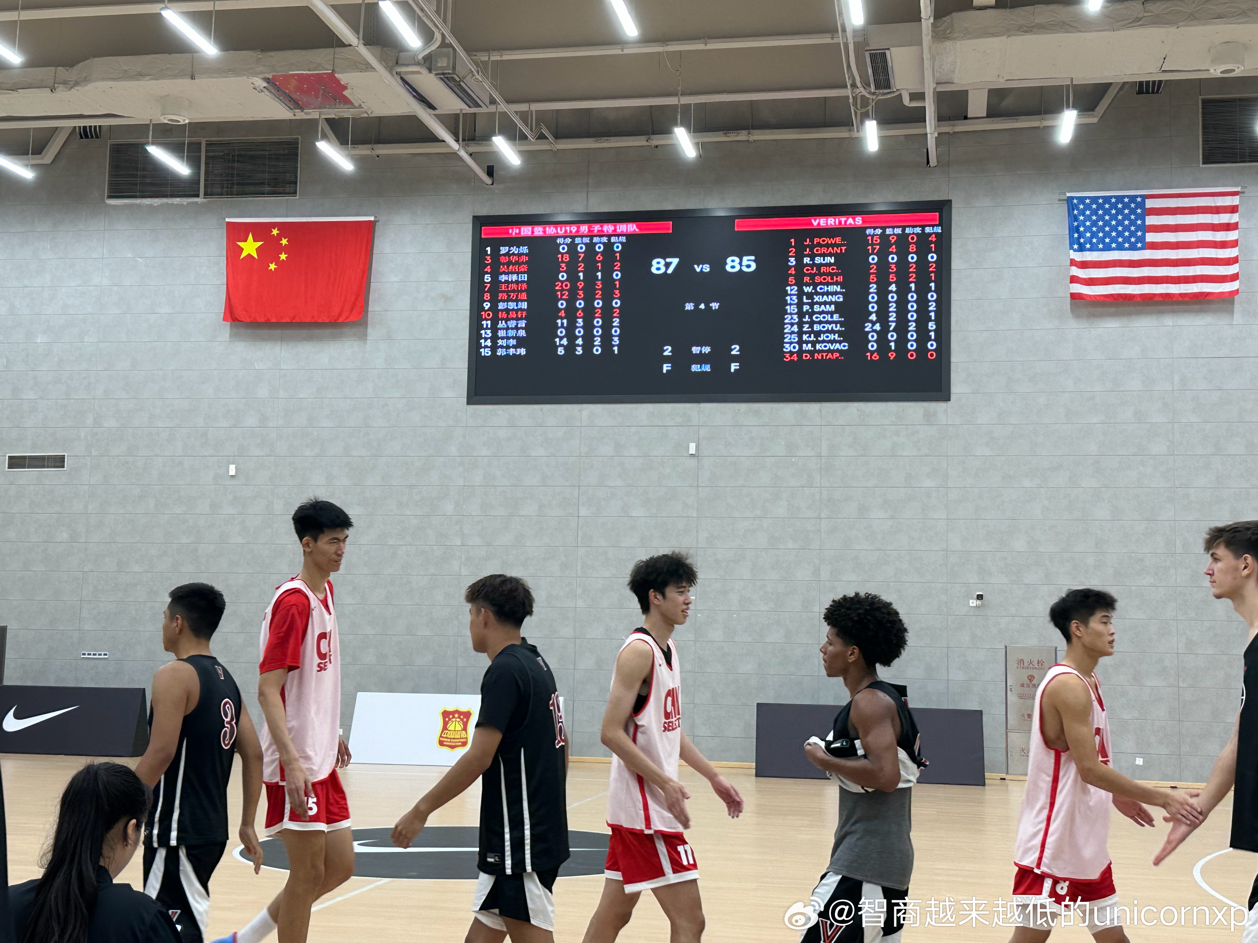 国青U19选拔队最终87比85击败Veritas，张博源24分7板中国男篮张博源