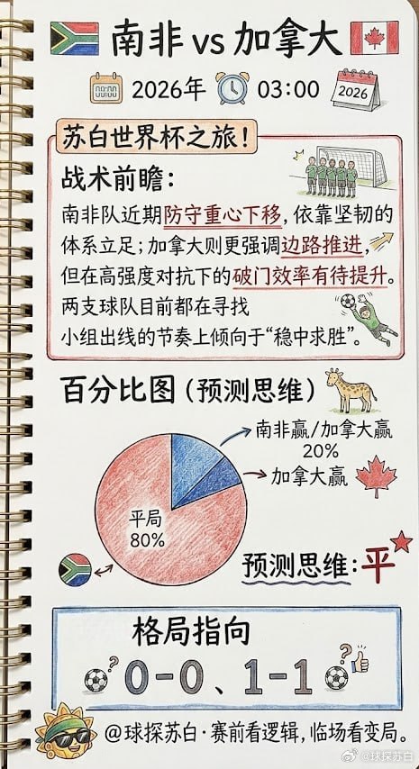 苏白世界杯之旅！03:00 南非 vs 加拿大战术前瞻：南非队近期防守重心下移，