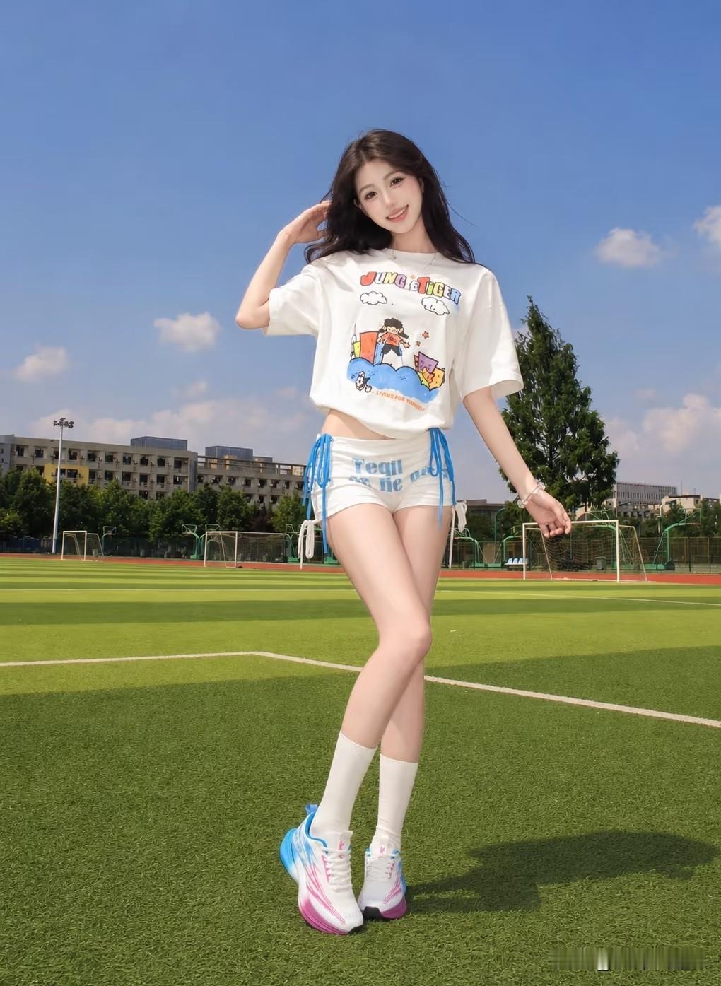 阳光明媚，女孩在绿茵场微笑。