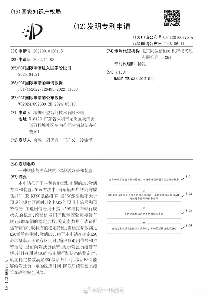 华为引望申请了一个专利“一种智能驾驶车辆的 ESC 激活方法和装置”，看了说明实