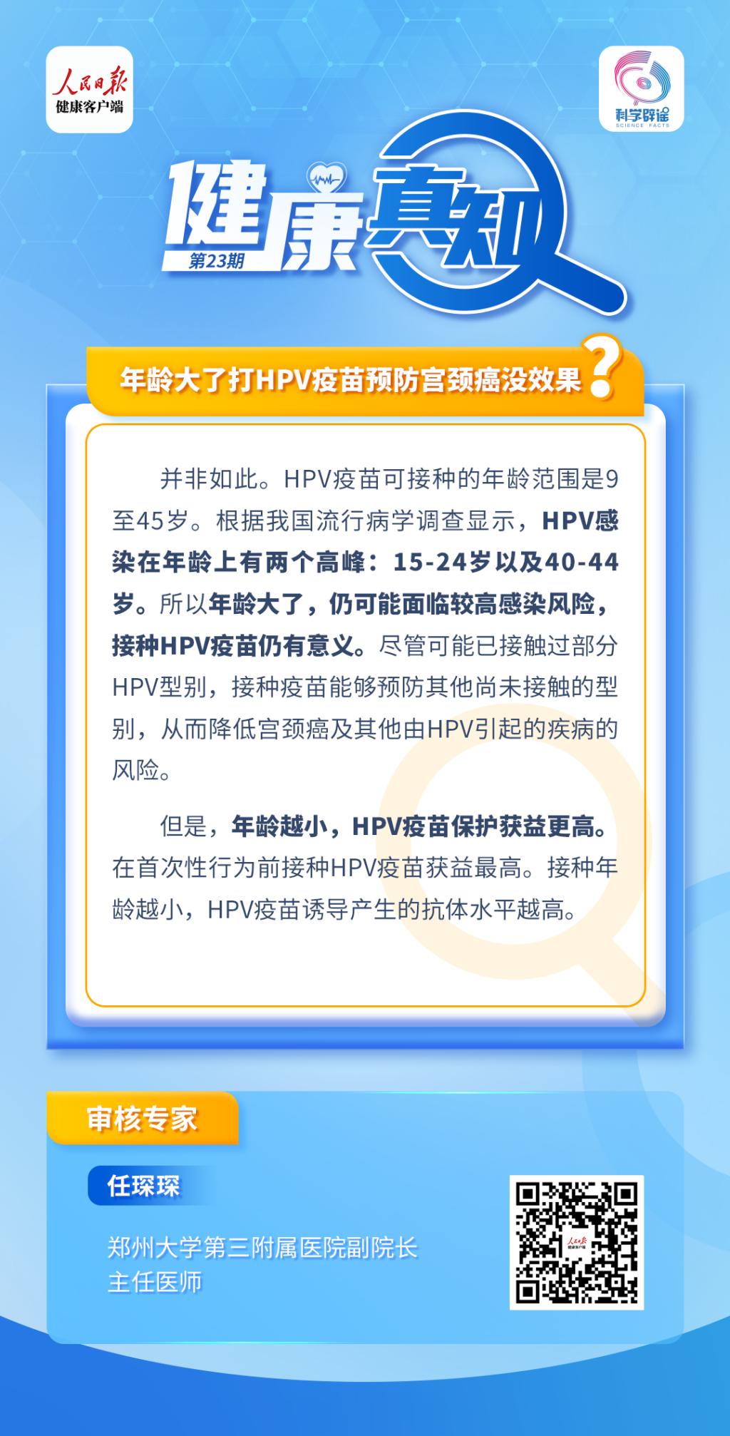 #解读健康真相#【年龄大了打HPV疫苗预防宫颈癌没效果？】HPV感染在年龄上有两