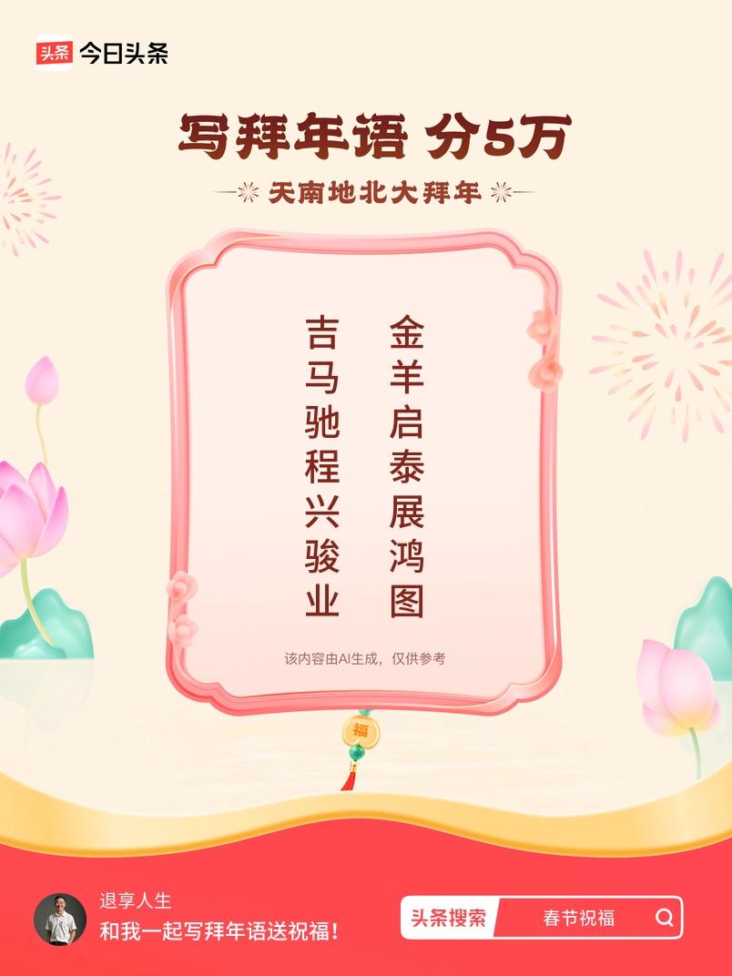 写拜年语送祝福新春拜年送祝福！我的祝福是：“吉马驰程兴骏业，金羊启泰展鸿图”！快