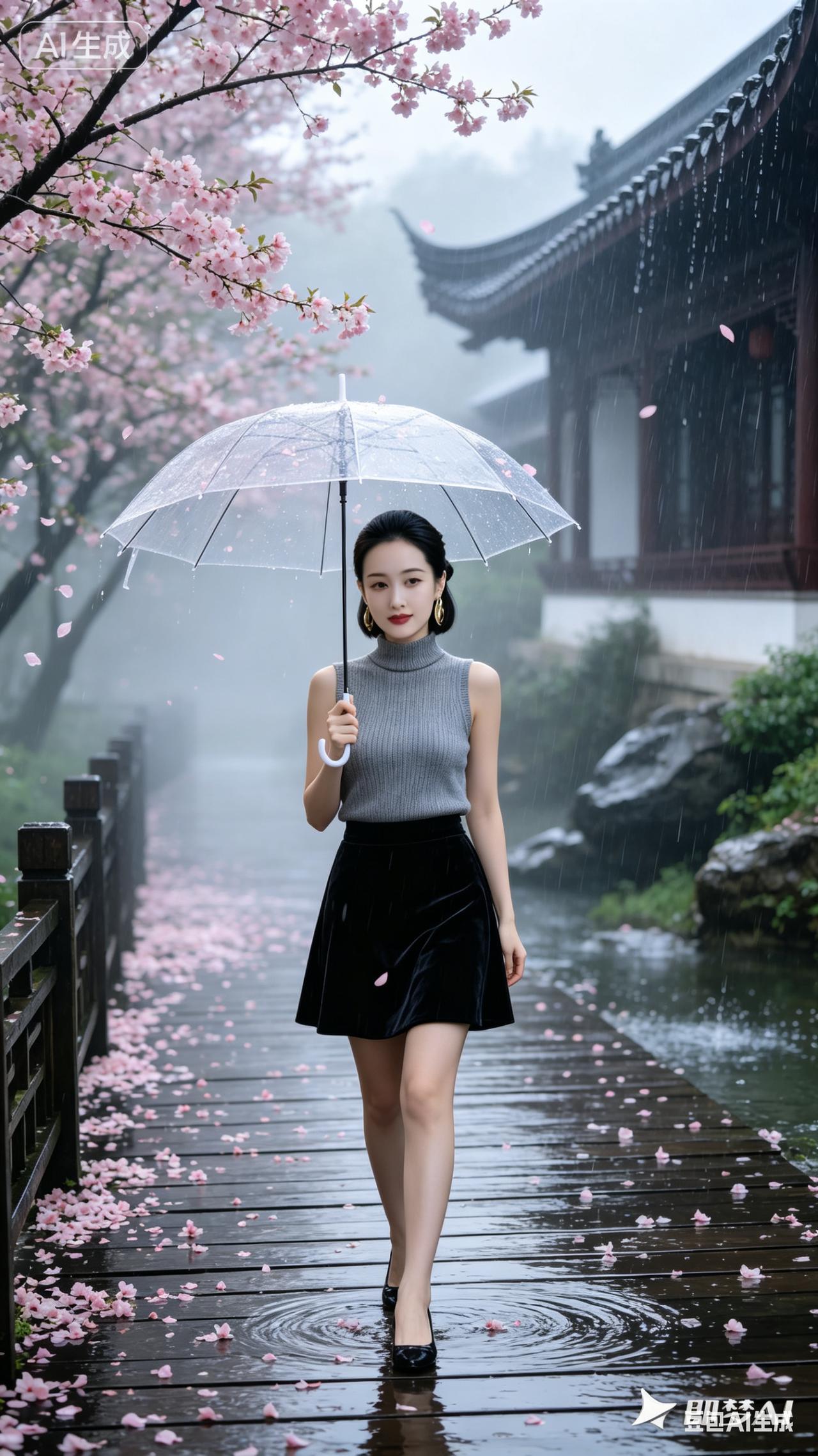 雨中漫步，撑伞漫步在樱花雨中，感受浪漫与宁静。