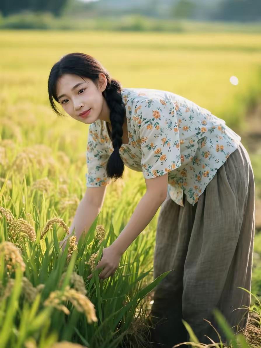 田园少女，弯腰摘稻穗，笑靥如花，岁月静好。