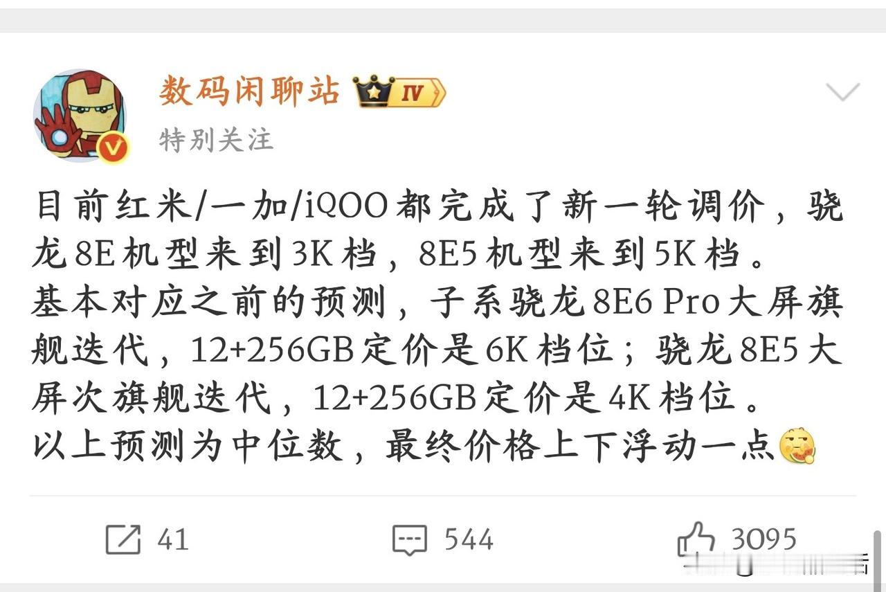 今日，知名数码博主“数码闲聊站”发文称目前红米/一加/iQOO都完成了新一轮调价