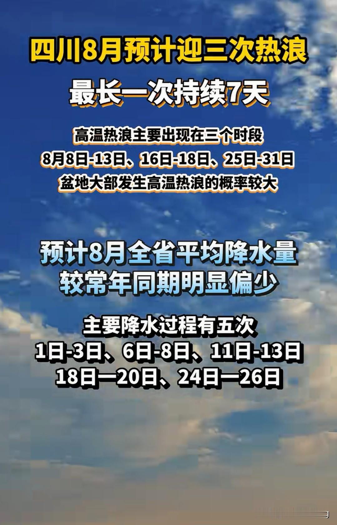 四川8月高温持续，降水偏少。
