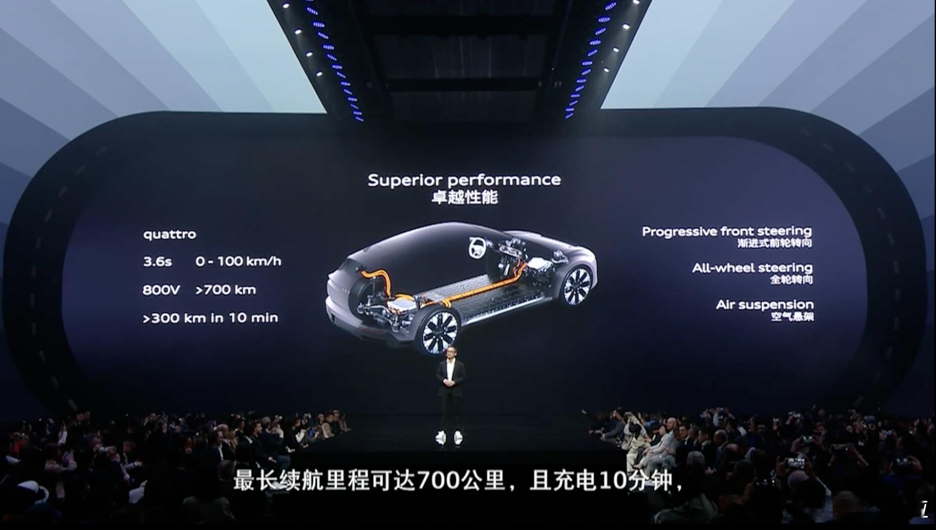 奥迪上汽的新车基于 800V 电压平台打造，CLTC 纯电续航大于 700km，