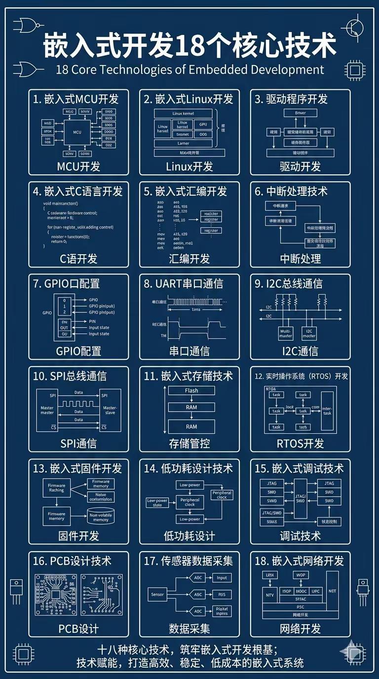 嵌入式开发的18个核心技术。从寄存器配置、中断机制到RTOS实时调度、DMA传输