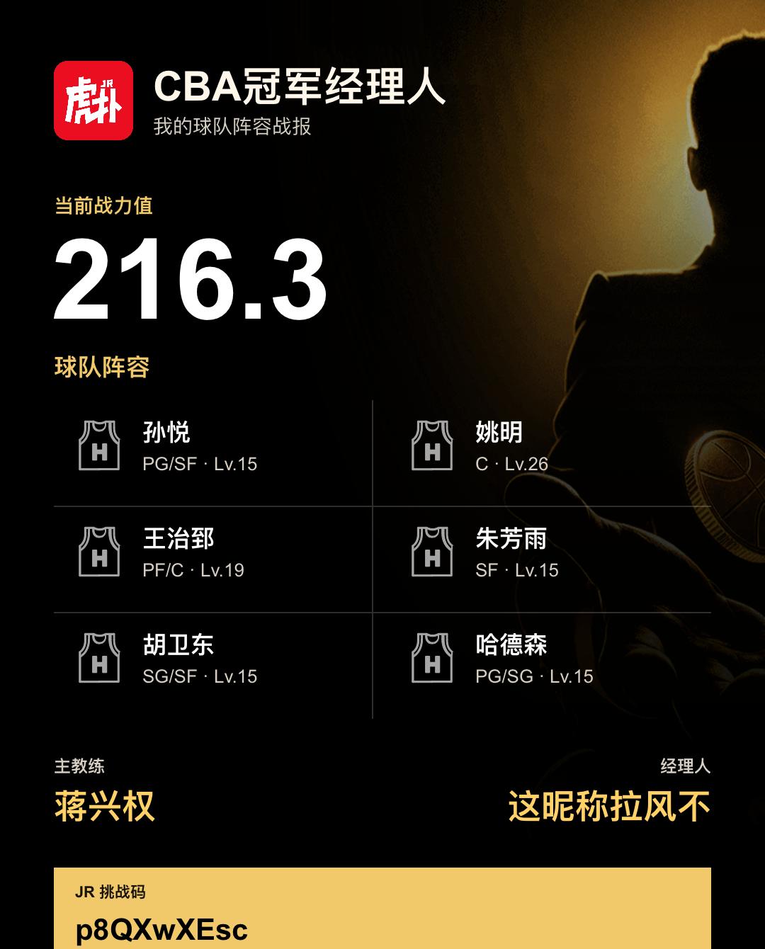 我在CBA冠军经理人组建了战力216.3的阵容
我的CBA冠军经理人阵容战力为2