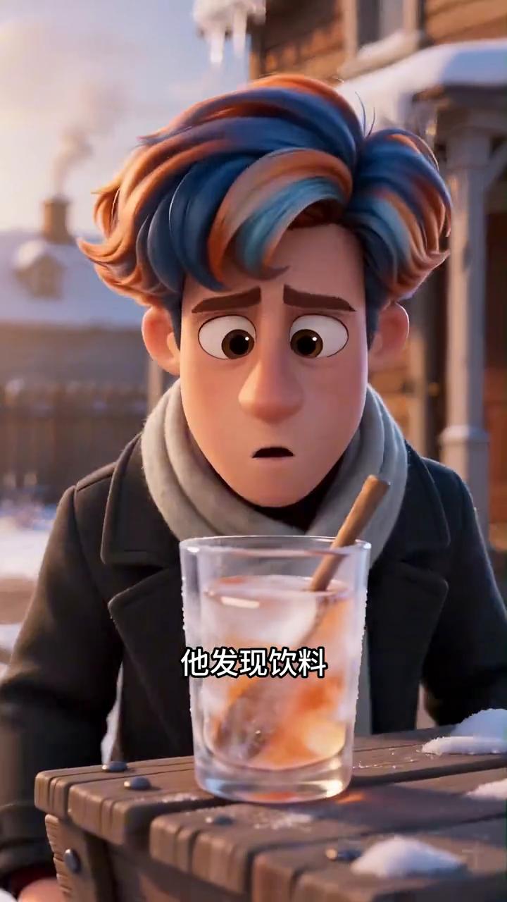 这个十一岁的男孩在屋外玩雪玩的太投入，回家时把剩下的半杯饮料忘在了屋外，搅拌的木