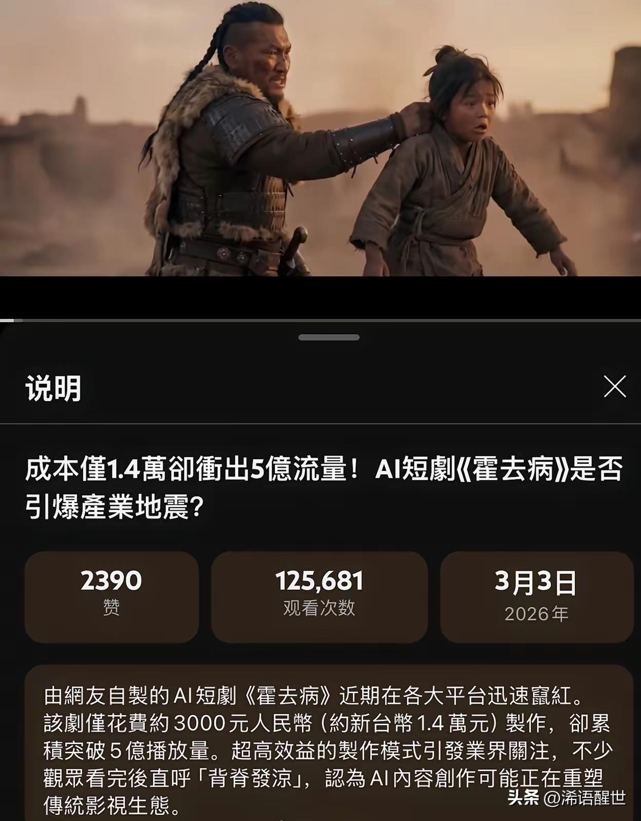 最近爆火的短剧《霍去病》彻底火出圈了，整部作品成本只有1.4万台币，折合人民币也