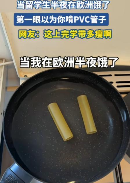 第一眼，欧洲pvc管子都能吃了？
再看，通心粉卷黄瓜，就两根？
这确定是留学，不