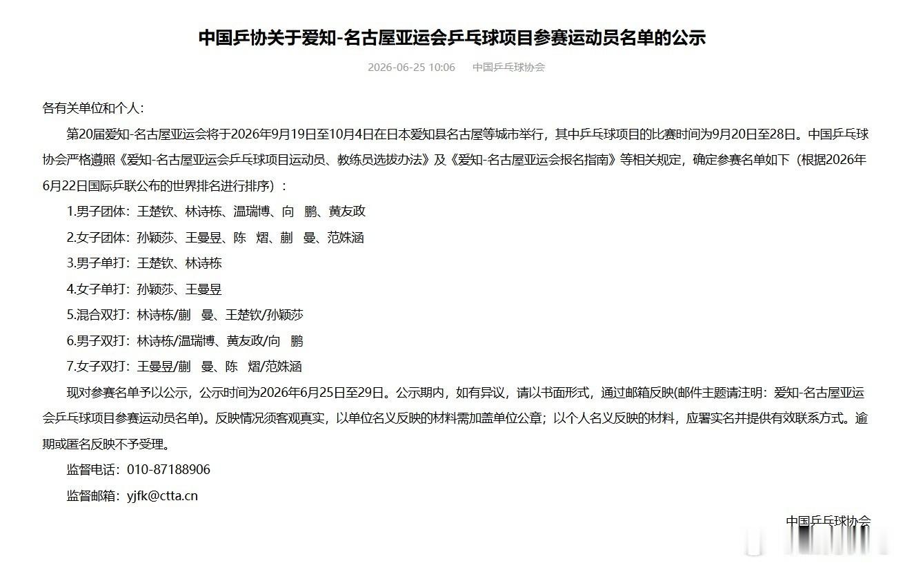 【2026日本名古屋亚运会中国乒乓球参赛名单】国乒亚运会参赛名单公示王楚钦孙颖莎