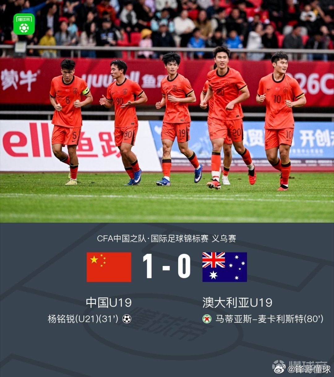u19国青1比0澳大利亚u19 U19国青1-0澳大利亚U19，杨铭锐制胜，依合