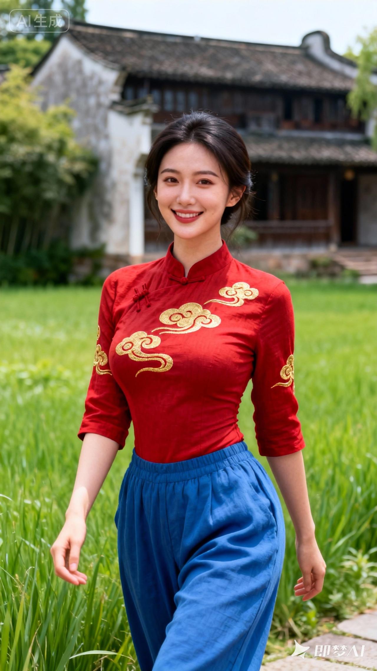 一位红衣蓝裙的古风少女漫步在古村落里，那画面简直美炸了。春日里，她如同诗中走出的