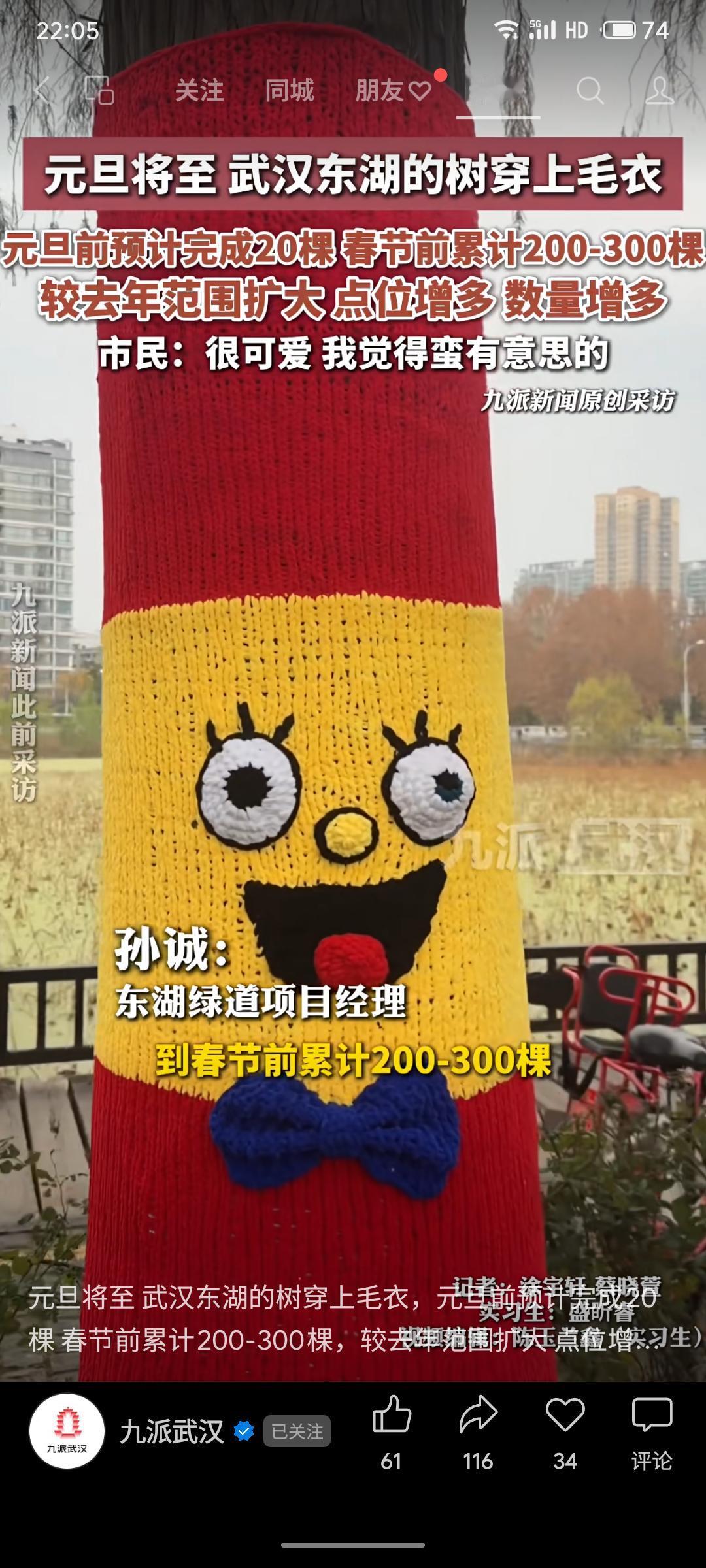 元旦临近，武汉东湖景区为树木穿上彩色毛衣，预计春节前将装饰200-300棵。该活